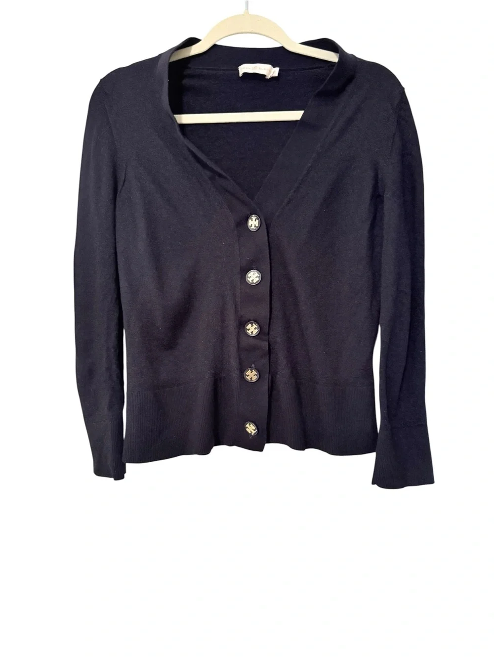 Tory Burch Simone Wool Cardigan Navy Logo Button Size XL